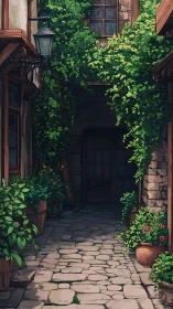Stone courtyard passage with dense climbing greenery.