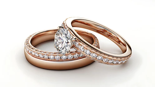 Rose gold bridal ring set with pavé diamonds and solitaire