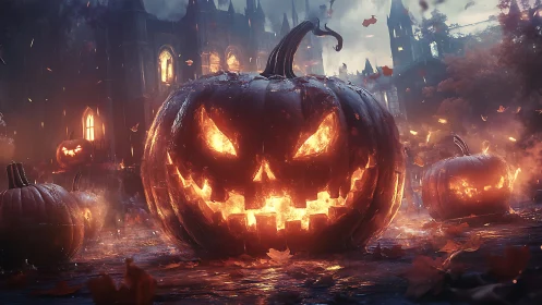 Fiery jack-o’-lanterns ignite gothic courtyard at dusk.