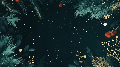 Symmetric winter foliage border with stylized particle snowfall.