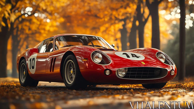Classic red race car rests under glowing autumn trees