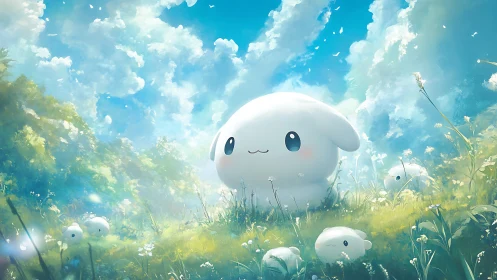 White round creature group in sunlit meadow landscape.