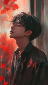 Pensive youth in glasses gazes through red autumn rain