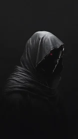 Hooded cybernetic wraith in high-contrast chiaroscuro portrait