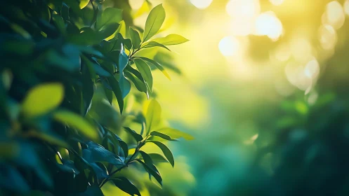 Sunlit Green Leaves in Nature with Soft Bokeh Background.
