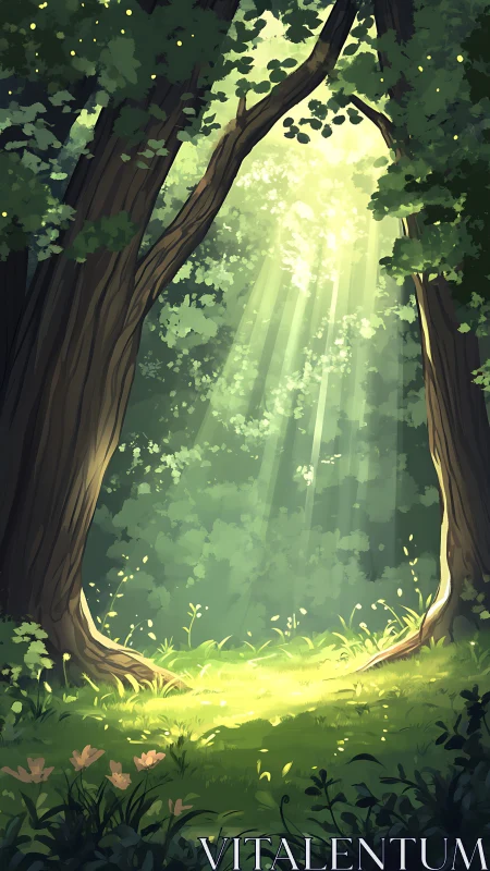 Ancient Forest Canopy: Luminescent Woodland Gateway with Crepuscular Light Rays