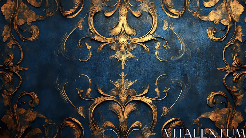 Ornate golden flourishes on deep blue vintage backdrop.