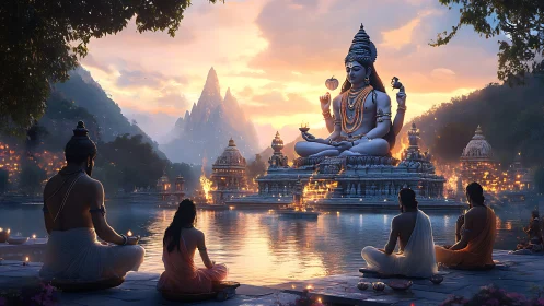 Devotees meditate before monumental Shiva statue at dusk