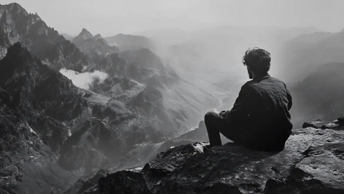 Backlit hiker silhouette studies layered alpine valley atmosphere