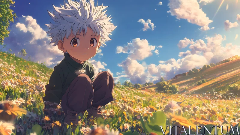 Stargazed child resting in a wildflower kingdom at dusk.