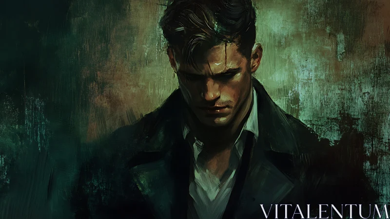 Solitary male figure in dark coat against textured greens.