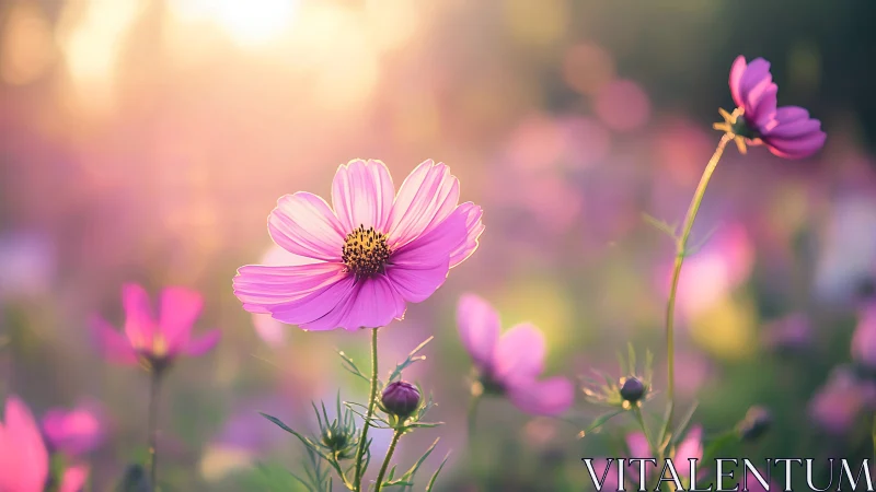 Pink cosmos flowers bathed in warm diffused sunlight with soft bokeh background.