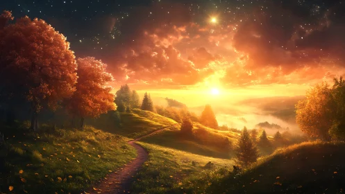 Sunlit valley landscape under vivid glowing sky at dawn