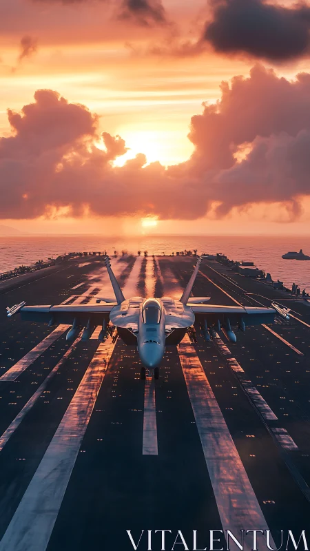 Carrier-based fighter jet aligns on deck under cinematic sunset
