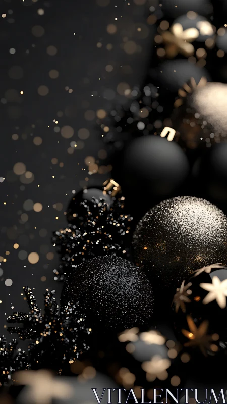Black and gold Christmas ornaments glow on dark backdrop.