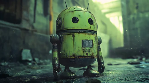 Weathered cylindrical robot stands in a degraded alleyway