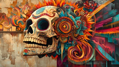 Colorful skull mural with floral patterns and swirling shapes.