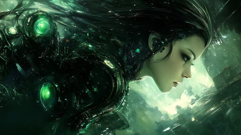 Cybernetic guardian gazes over a glowing futuristic world