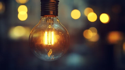 Warm filament bulb glows against soft urban bokeh.