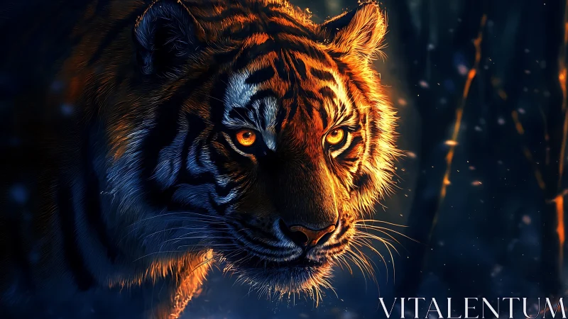 Midnight embers curl in a tiger’s eyes as forests smolder