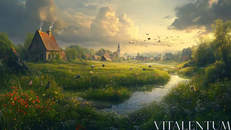 Pastoral village meadow under dramatic evening sky.