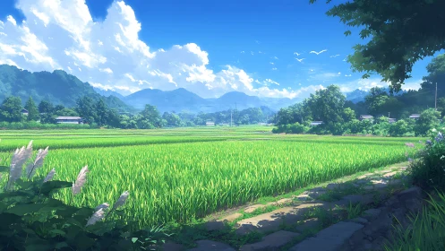 Lush summer rice fields rest beneath towering blue mountains