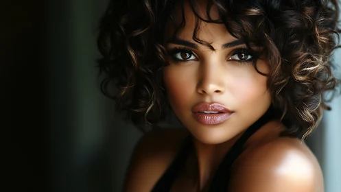 Intense portrait of woman with glossy lips and curly hair.