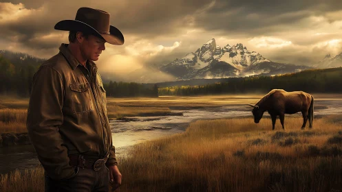 Quiet cowboy evening beside a grazing longhorn riverbank.