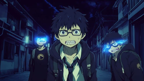 Night alley pursuit with anxious teen and two electrified clones