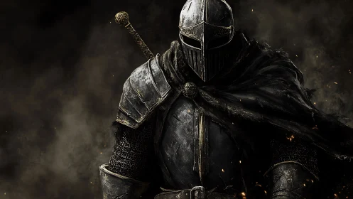 Midnight knight standing strong in swirling embers and shadow.