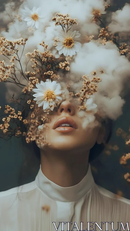 Surreal portrait merges flowers, clouds, and dreaming face.