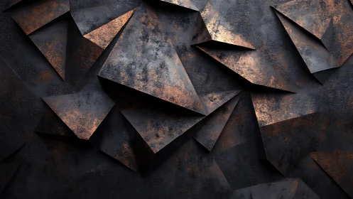 Geometric oxidized metal shards with dramatic side lighting.