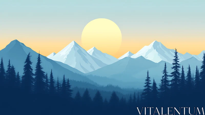 Sunrise hush over cobalt pines and soft glacier peaks.