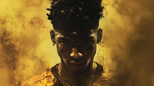 Cinematic portrait in golden atmospheric dust field lighting.