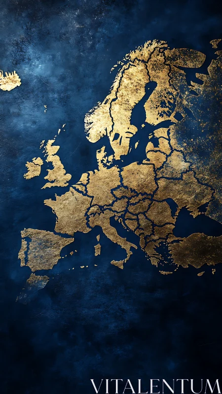 Gold textured map of Europe on dark blue background.