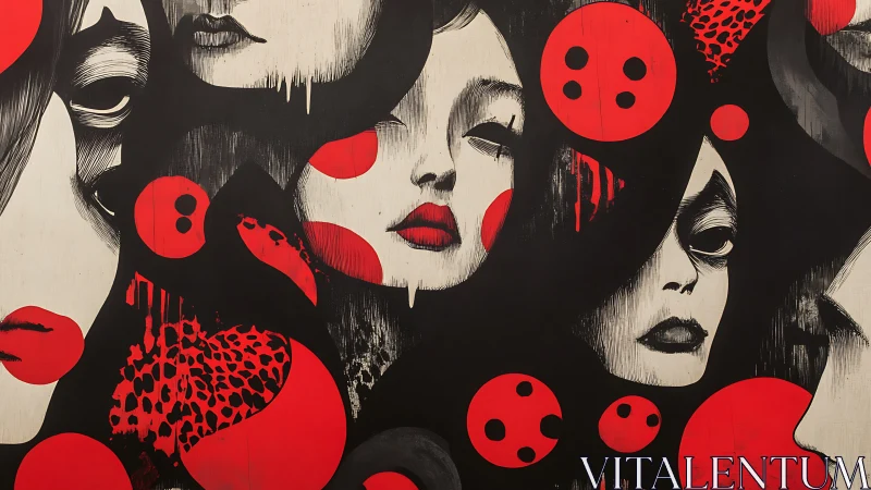 Surreal red orbs encircling monochrome female faces.