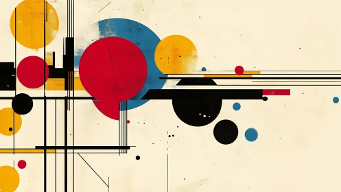 Geometric circles intersect bold lines across muted canvas