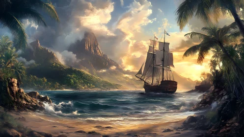 Sailing vessel moves past tropical island toward distant peak