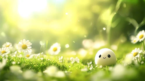 Sunny meadow with cute white orb among glowing daisies.