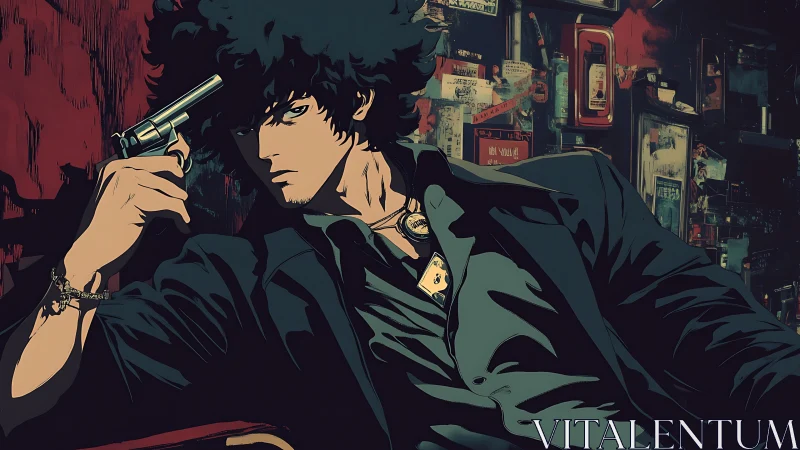 Noir lounge gunslinger in cel-shaded anime bar interior