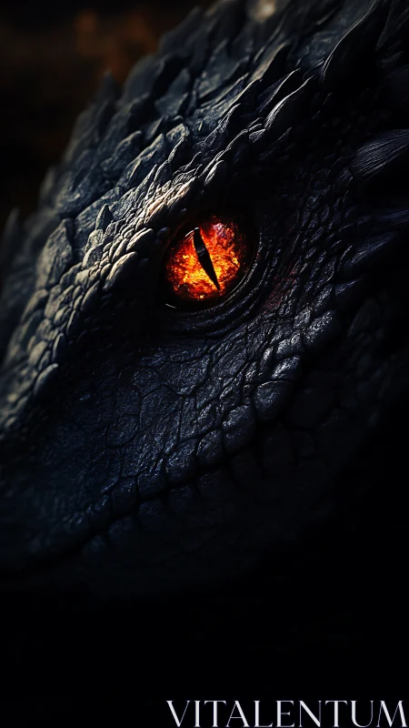 Smoldering dragon eye glows from shadowed scaled darkness
