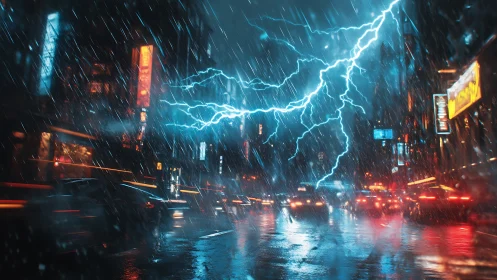 Cyberpunk storm-charged avenue with neon lightning gridlines.