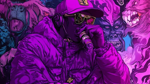 Electric street artist relaxes as neon monsters roar around