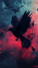 Dark corvid silhouette against red and blue abstract field.
