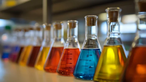 Row of volumetric Erlenmeyer flasks containing colored reagents