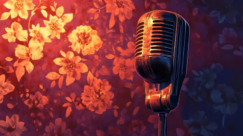 Vintage microphone with luminous floral digital backdrop.