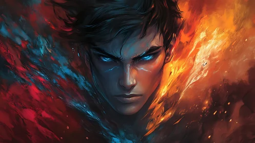 Storm-eyed firebearer between roaring embers and frost.