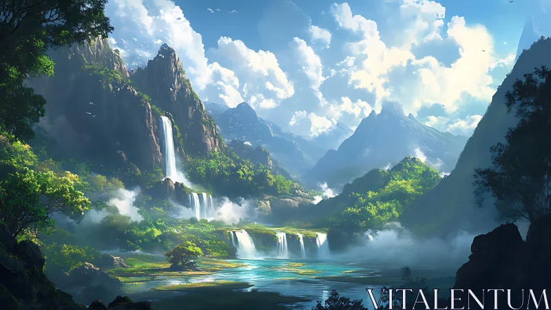 Sunlit waterfall valley inviting you into a calm daydream.