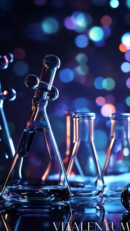 Luminous lab glassware glows against a dreamy bokeh night