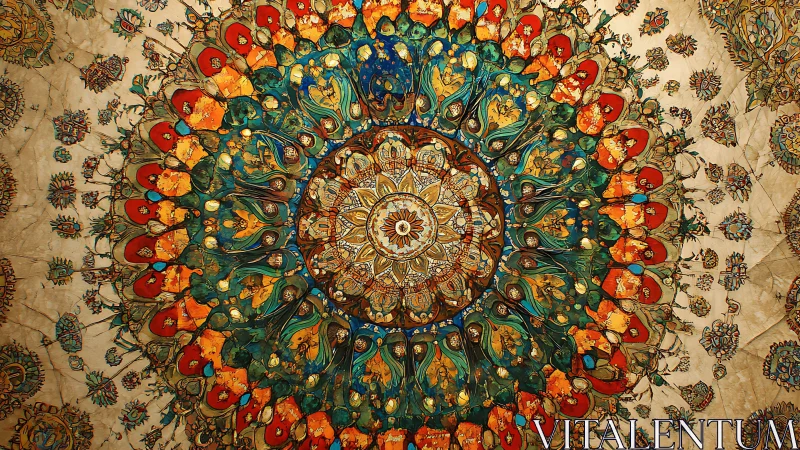 Intricate mandala tapestry with ornate radial floral symmetry.